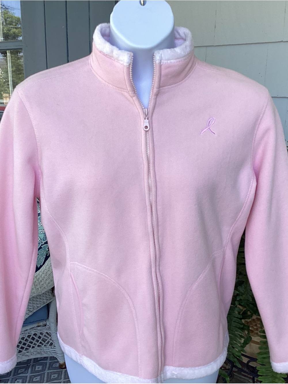 Women's Breast Cancer Support Pink Plush Zip Up Teddy Jacket with Ribbon Support